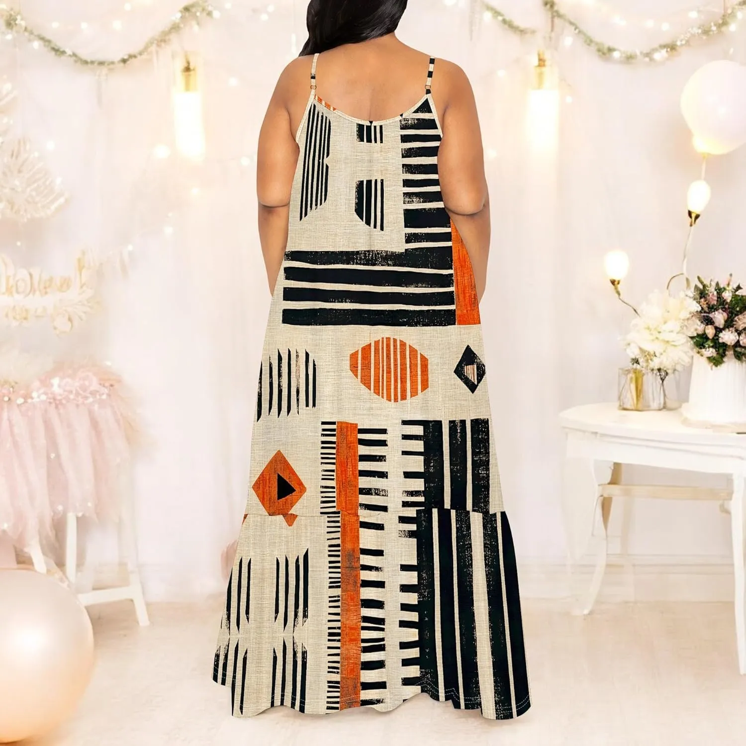 Women's Summer Casual Loose Sleeveless Sundress Spaghetti Straps Flowing African Art Style Beach Vacation Maxi Dress