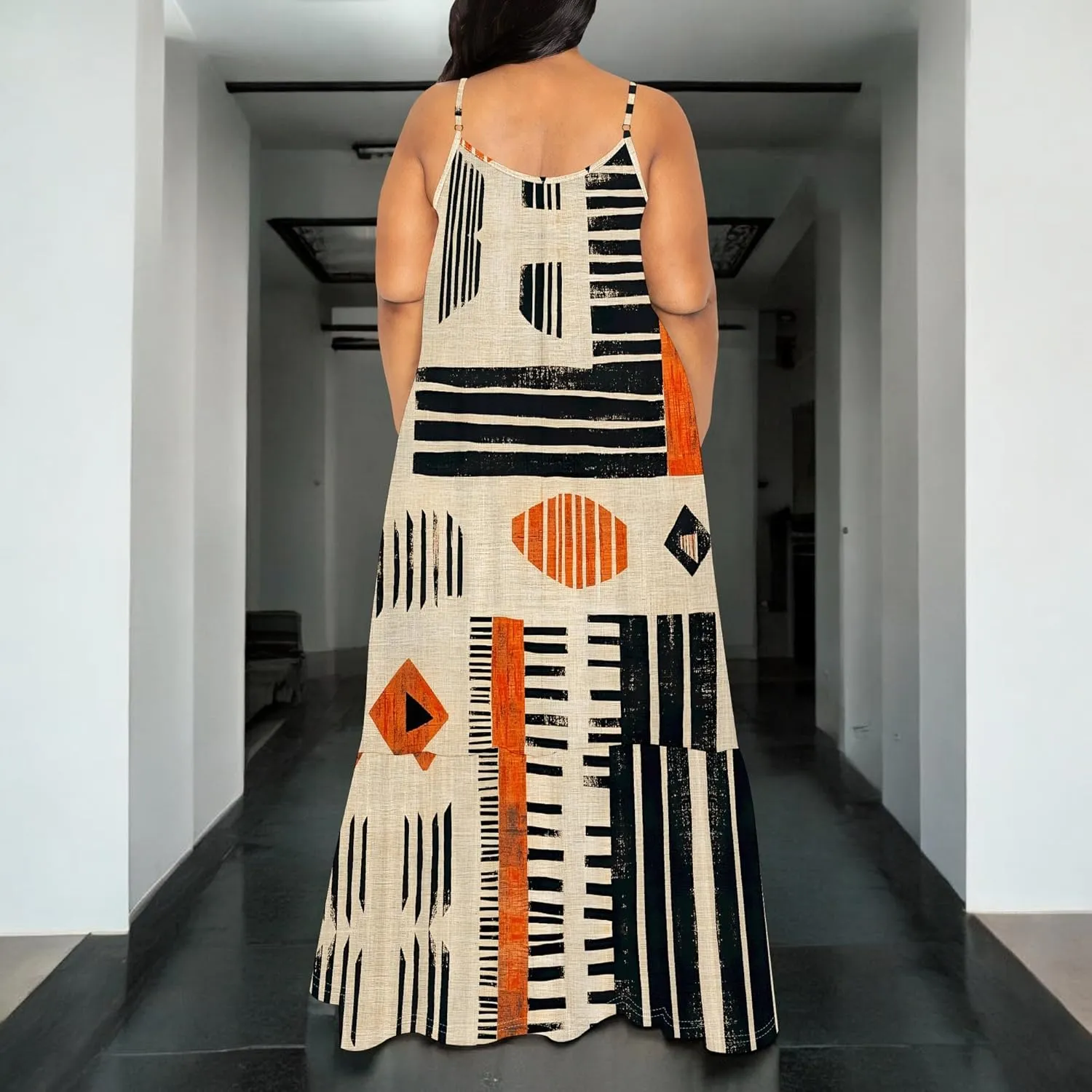 Women's Summer Casual Loose Sleeveless Sundress Spaghetti Straps Flowing African Art Style Beach Vacation Maxi Dress