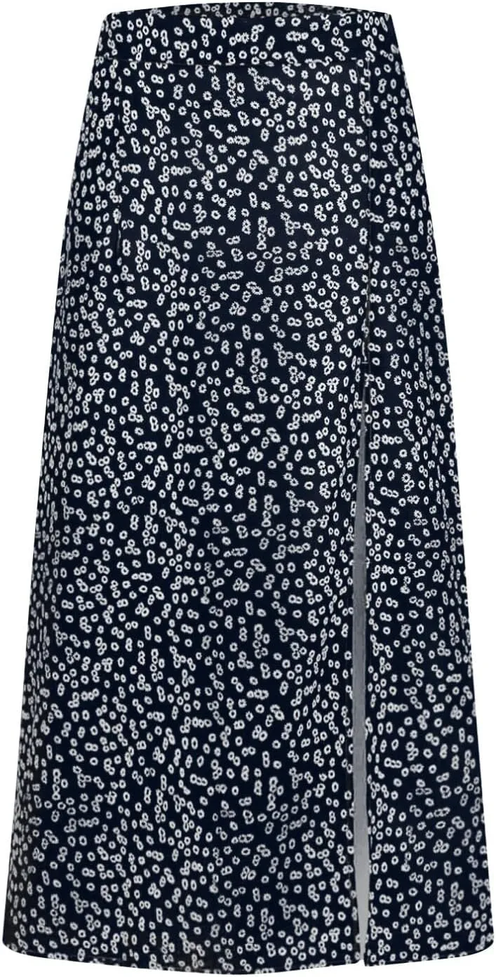 Women's Summer Casual Loose Trendy Elastic High Waist Floral Print Bohemian Split Sun Beach Midi Skirts, S-3XL