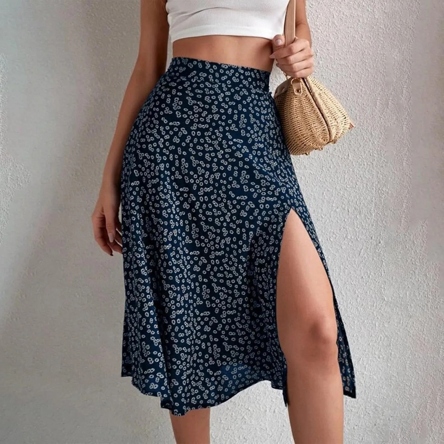 Women's Summer Casual Loose Trendy Elastic High Waist Floral Print Bohemian Split Sun Beach Midi Skirts, S-3XL