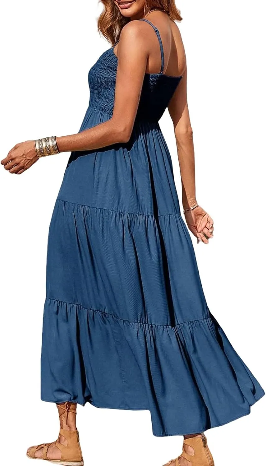 Womens Summer Casual Maxi Dress Boho Spaghetti Strap Smocked Sleeveless Dress Flowy Tiered Long Beach Sundress