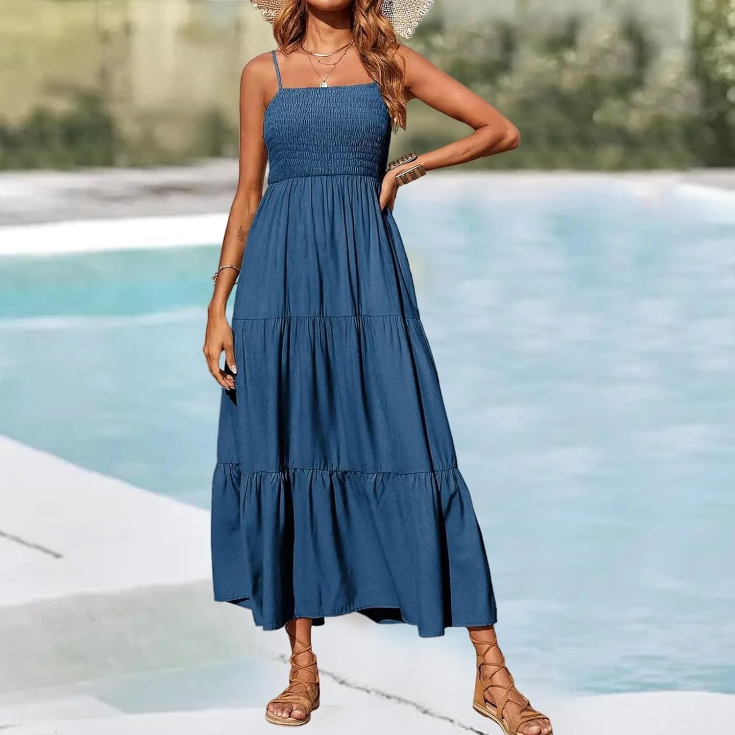 Womens Summer Casual Maxi Dress Boho Spaghetti Strap Smocked Sleeveless Dress Flowy Tiered Long Beach Sundress