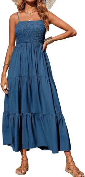 Womens Summer Casual Maxi Dress Boho Spaghetti Strap Smocked Sleeveless Dress Flowy Tiered Long Beach Sundress