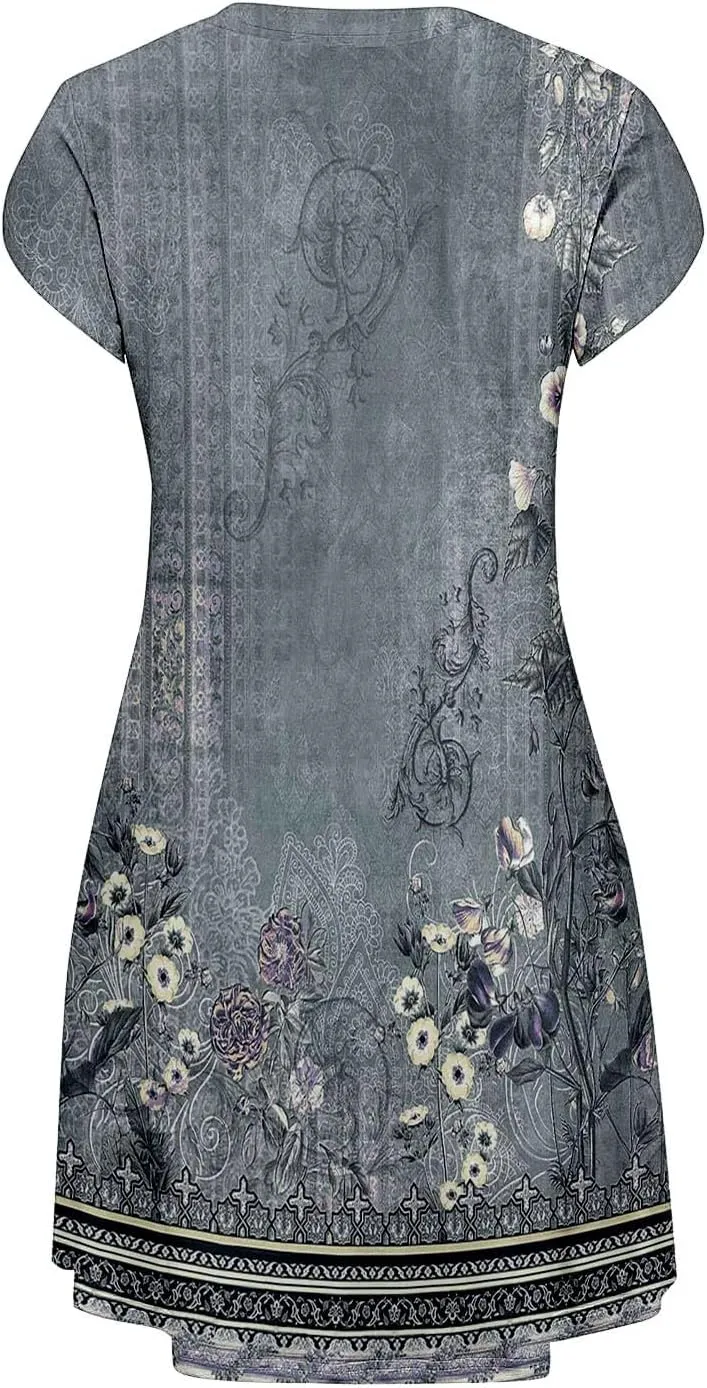 Women's Summer Casual V Neck Dress with Pocket Cute Short Sleeve Floral Graphic A-line Sundress Midi Dresses