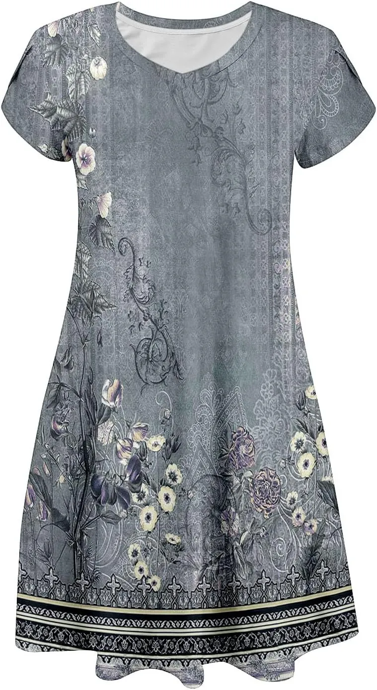 Women's Summer Casual V Neck Dress with Pocket Cute Short Sleeve Floral Graphic A-line Sundress Midi Dresses
