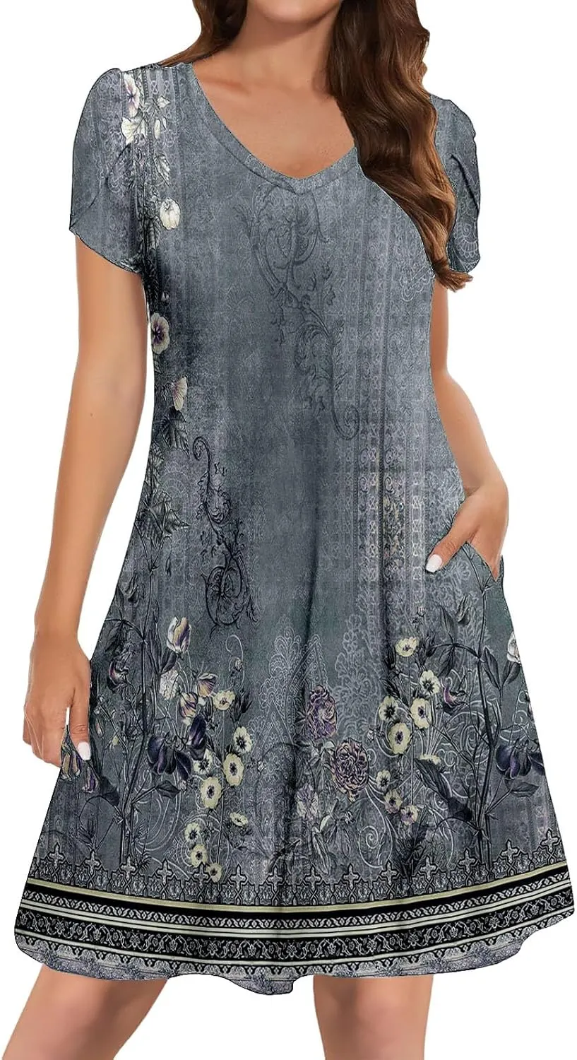 Women's Summer Casual V Neck Dress with Pocket Cute Short Sleeve Floral Graphic A-line Sundress Midi Dresses