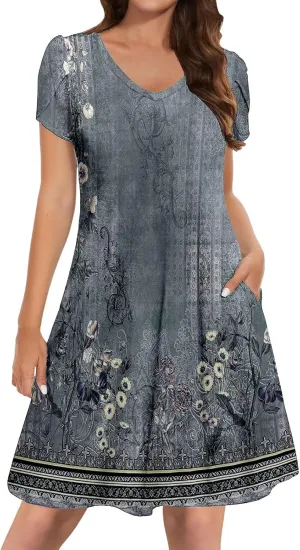 Women's Summer Casual V Neck Dress with Pocket Cute Short Sleeve Floral Graphic A-line Sundress Midi Dresses