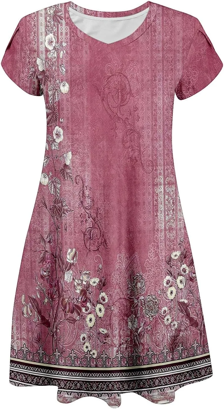 Women's Summer Casual V Neck Dress with Pocket Cute Short Sleeve Floral Graphic A-line Sundress Midi Dresses