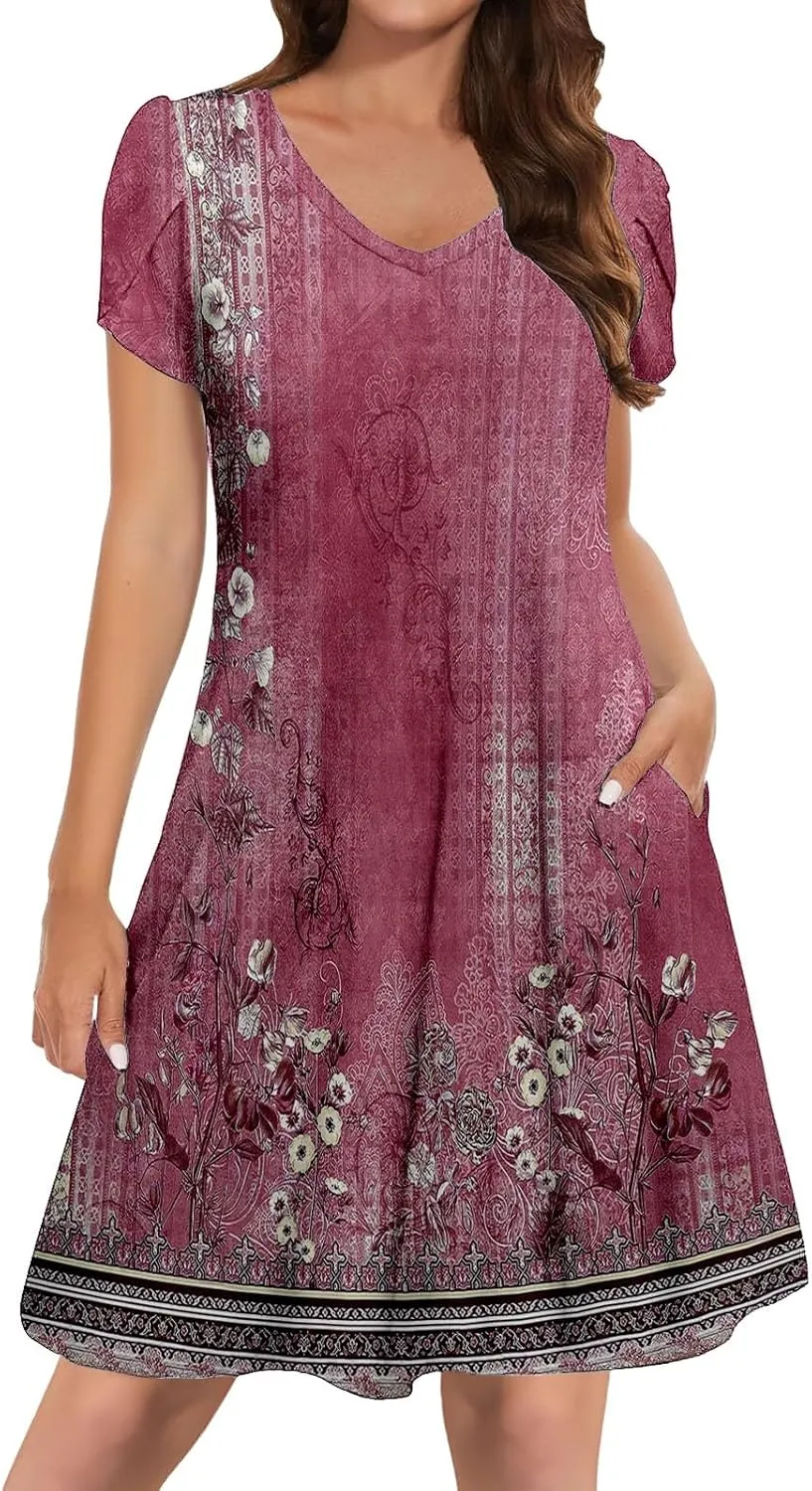 Women's Summer Casual V Neck Dress with Pocket Cute Short Sleeve Floral Graphic A-line Sundress Midi Dresses