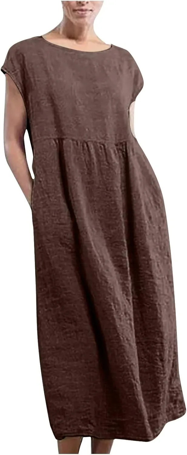Women's Summer Cotton Linen Shirt Dress Short Sleeve Flowy Long Maxi Dresses Plus Size Vocation Party Dress