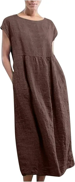Women's Summer Cotton Linen Shirt Dress Short Sleeve Flowy Long Maxi Dresses Plus Size Vocation Party Dress