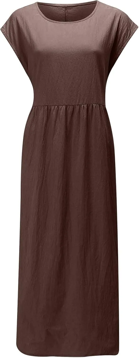 Women's Summer Cotton Linen Shirt Dress Short Sleeve Flowy Long Maxi Dresses Plus Size Vocation Party Dress