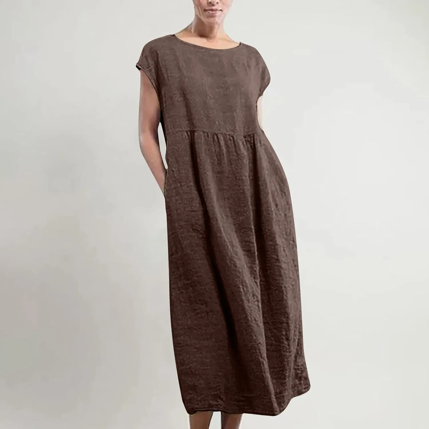 Women's Summer Cotton Linen Shirt Dress Short Sleeve Flowy Long Maxi Dresses Plus Size Vocation Party Dress