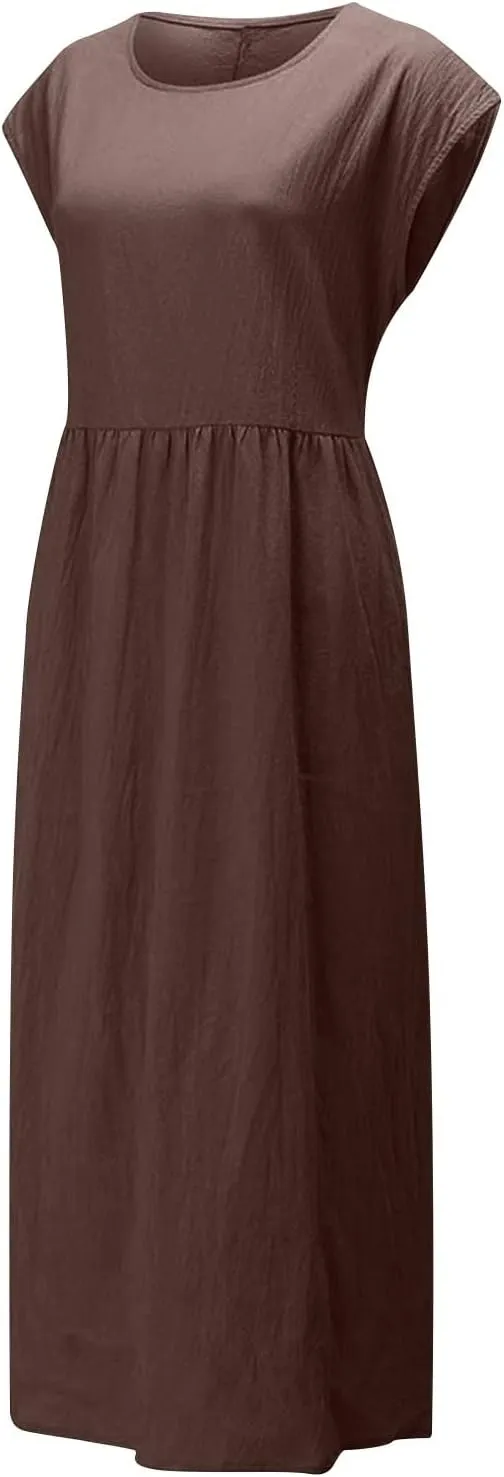 Women's Summer Cotton Linen Shirt Dress Short Sleeve Flowy Long Maxi Dresses Plus Size Vocation Party Dress