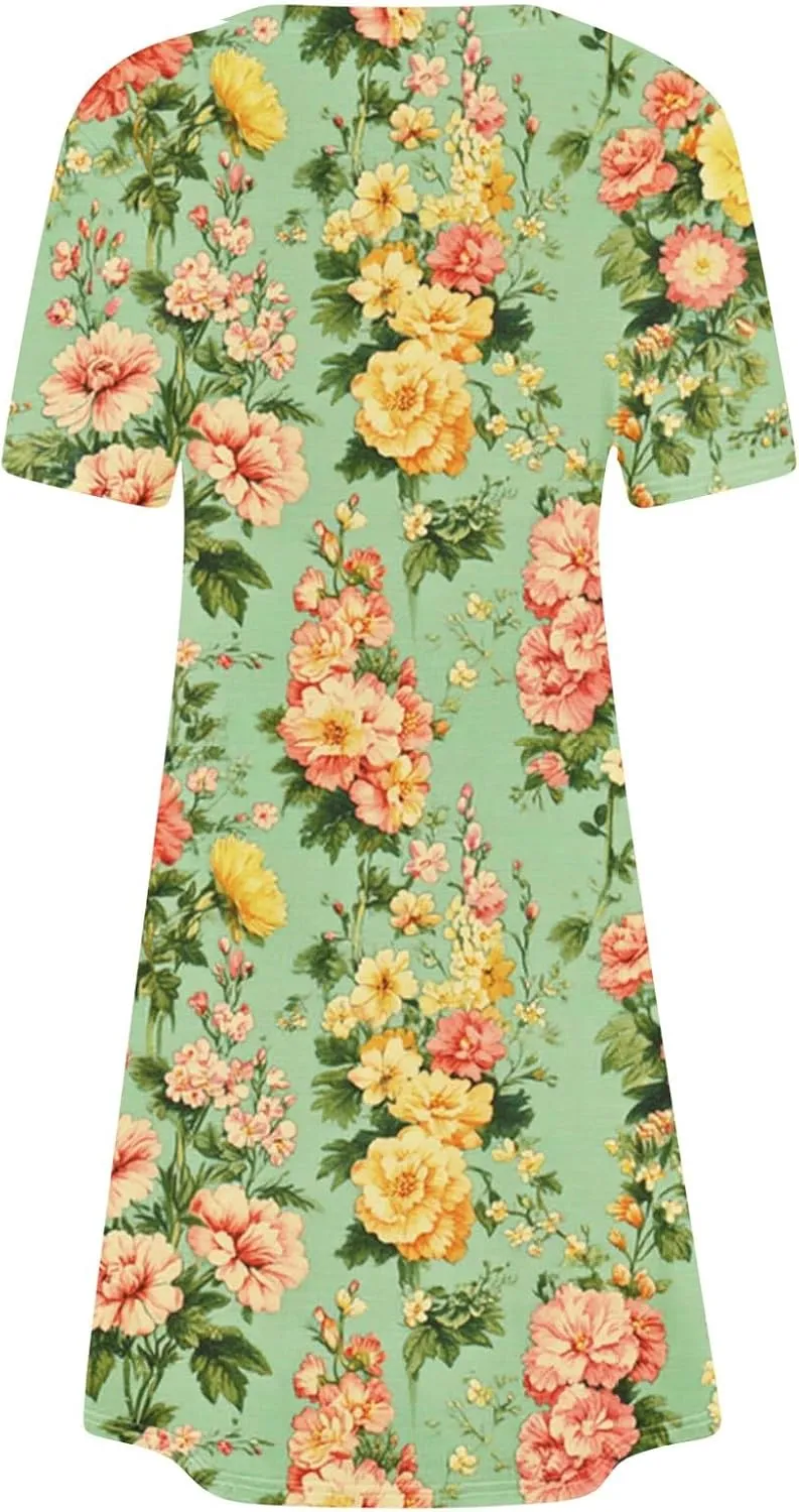 Womens Summer Dress 2025 Short Sleeve A-Line Mini Dress Casual Sundress Crew Neck Floral Beach Sundress Tunic Skirts