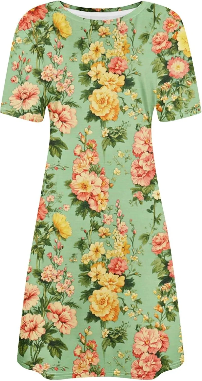 Womens Summer Dress 2025 Short Sleeve A-Line Mini Dress Casual Sundress Crew Neck Floral Beach Sundress Tunic Skirts