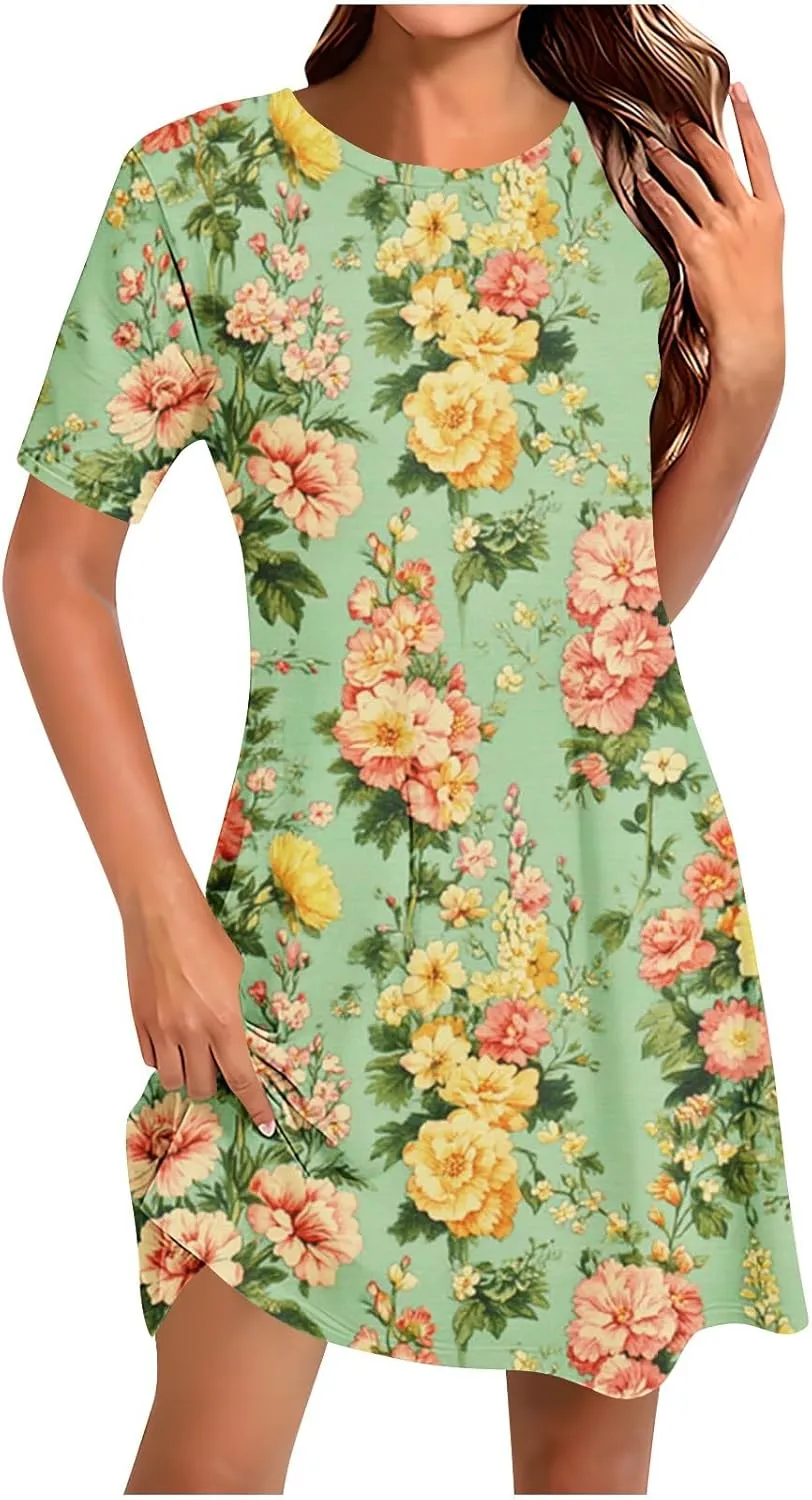 Womens Summer Dress 2025 Short Sleeve A-Line Mini Dress Casual Sundress Crew Neck Floral Beach Sundress Tunic Skirts