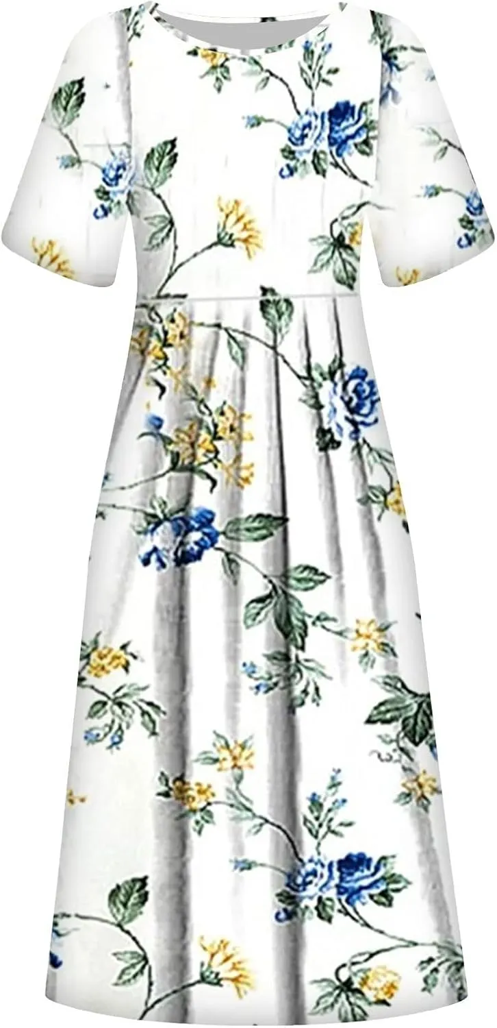 Women's Summer Dress Bohemian Floral Printed Maxi Dress Casual Loose Flowy Short Sleeve Dresses with, S-3XL