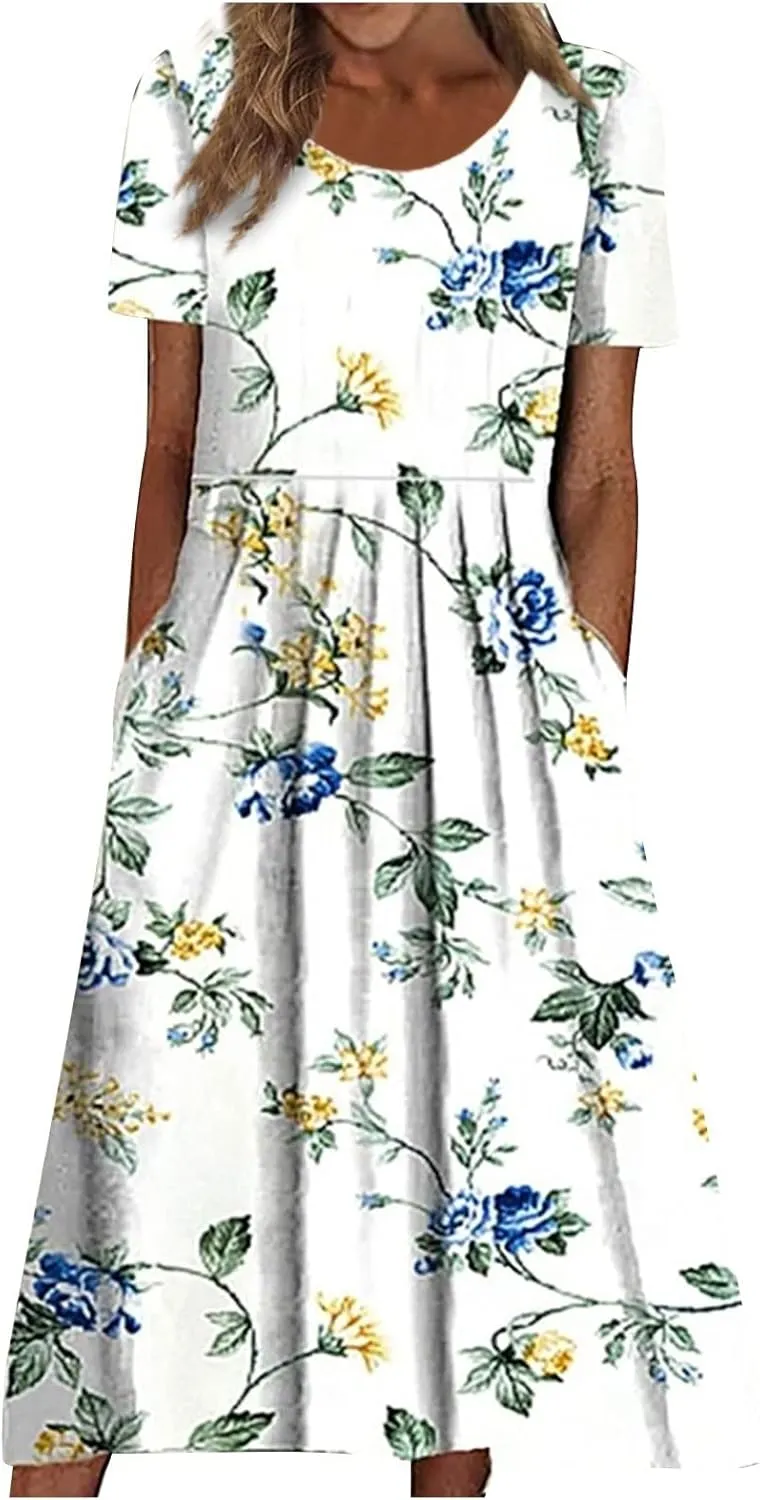 Women's Summer Dress Bohemian Floral Printed Maxi Dress Casual Loose Flowy Short Sleeve Dresses with, S-3XL