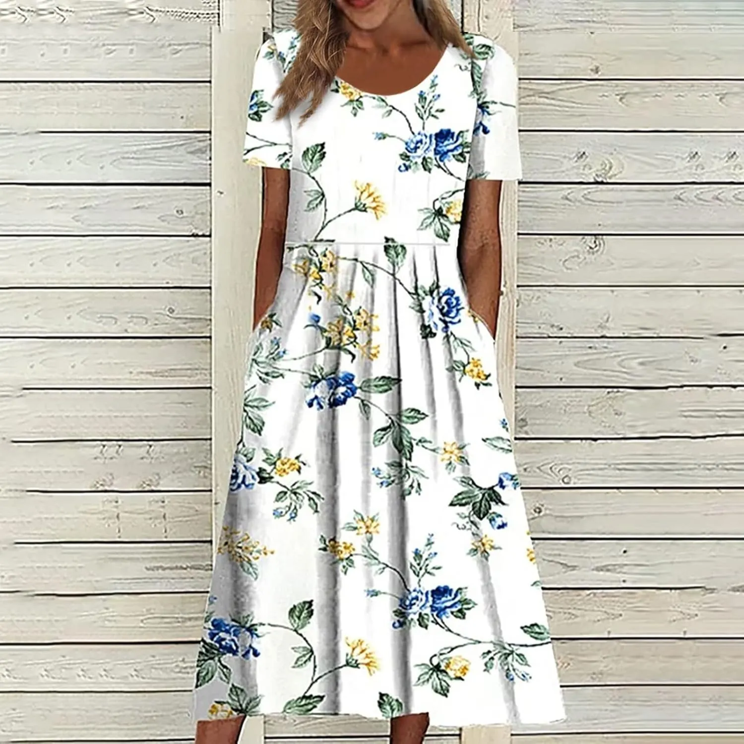 Women's Summer Dress Bohemian Floral Printed Maxi Dress Casual Loose Flowy Short Sleeve Dresses with, S-3XL