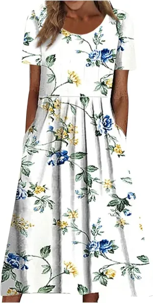 Women's Summer Dress Bohemian Floral Printed Maxi Dress Casual Loose Flowy Short Sleeve Dresses with, S-3XL