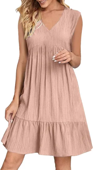 Womens Summer Dress Sleeveless V Neck Mini Dresses Fashion Casual Flowy Boho Ruffle A Line Swing Sundress 2025