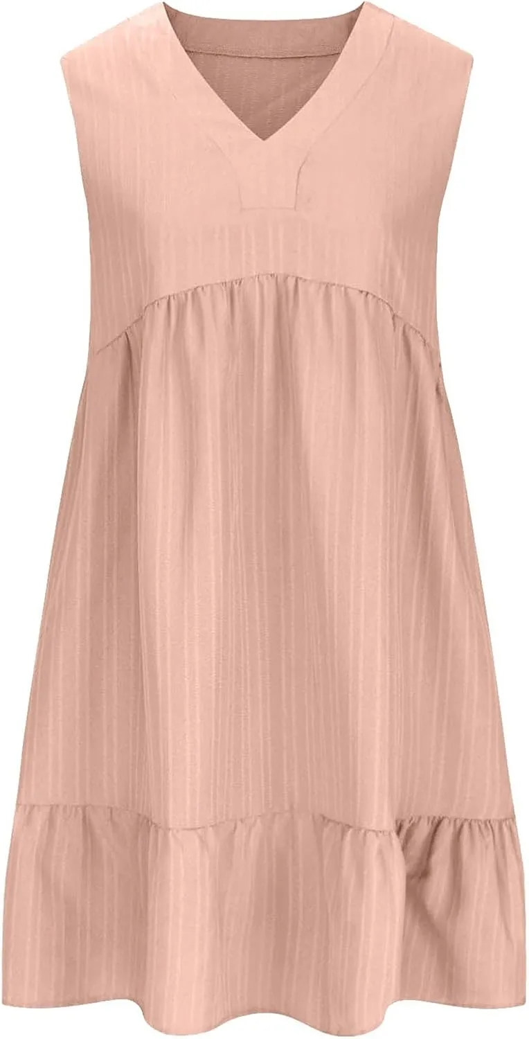 Womens Summer Dress Sleeveless V Neck Mini Dresses Fashion Casual Flowy Boho Ruffle A Line Swing Sundress 2025