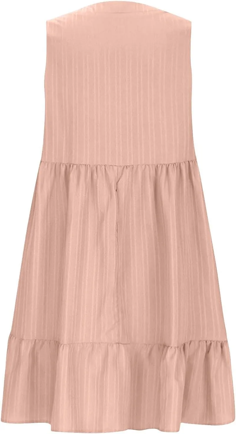 Womens Summer Dress Sleeveless V Neck Mini Dresses Fashion Casual Flowy Boho Ruffle A Line Swing Sundress 2025