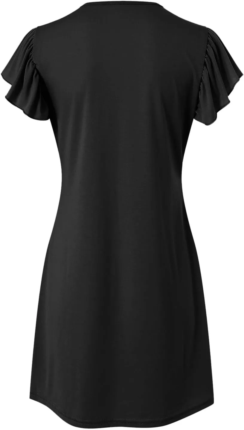 Women's Summer Dresses 2025 Beach Casual Deep V Neck Loose Sundress Ruffle Sleeve Mini Dress