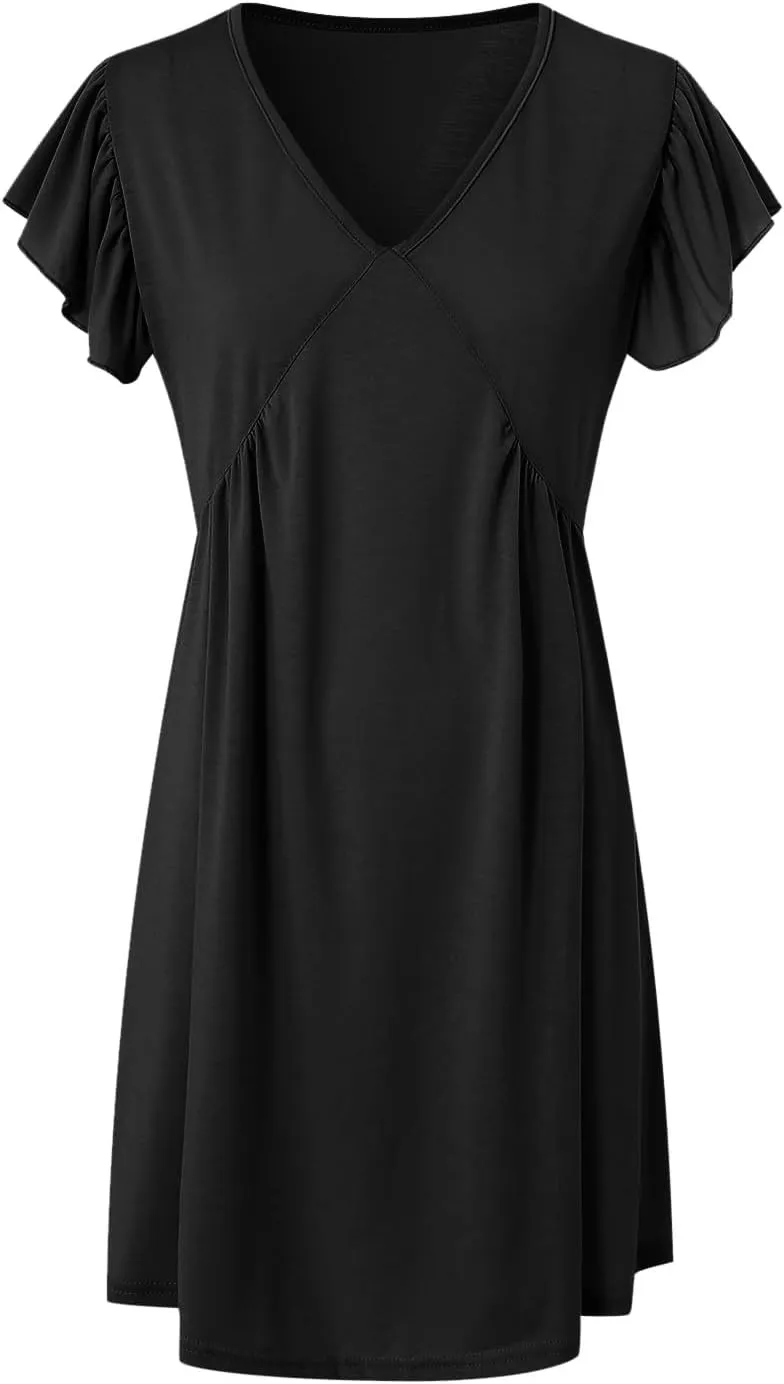 Women's Summer Dresses 2025 Beach Casual Deep V Neck Loose Sundress Ruffle Sleeve Mini Dress