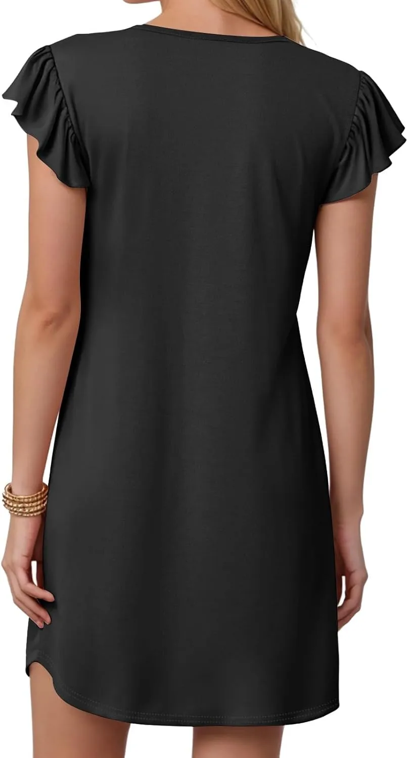Women's Summer Dresses 2025 Beach Casual Deep V Neck Loose Sundress Ruffle Sleeve Mini Dress