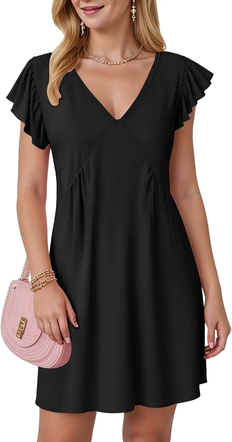 Women's Summer Dresses 2025 Beach Casual Deep V Neck Loose Sundress Ruffle Sleeve Mini Dress