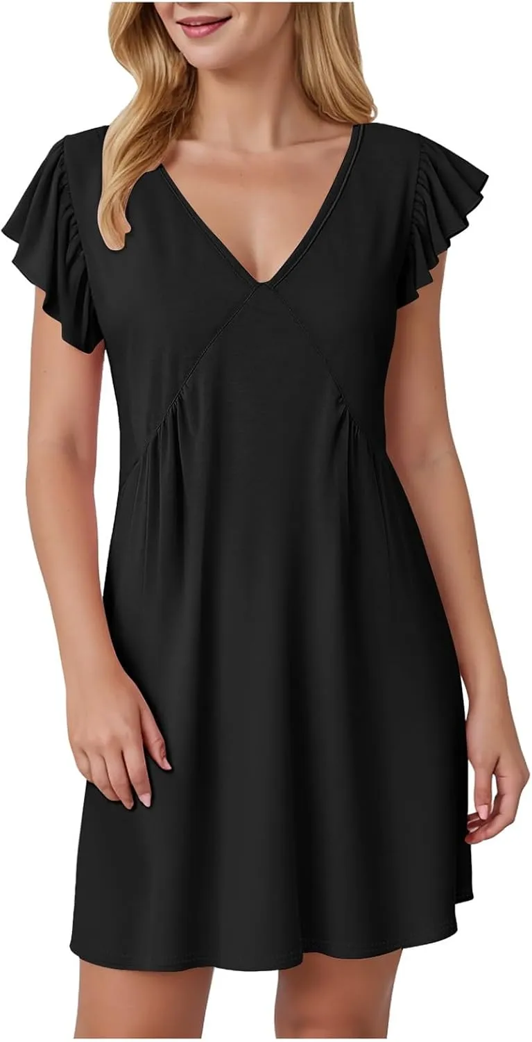 Women's Summer Dresses 2025 Beach Casual Deep V Neck Loose Sundress Ruffle Sleeve Mini Dress