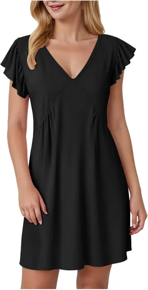 Women's Summer Dresses 2025 Beach Casual Deep V Neck Loose Sundress Ruffle Sleeve Mini Dress