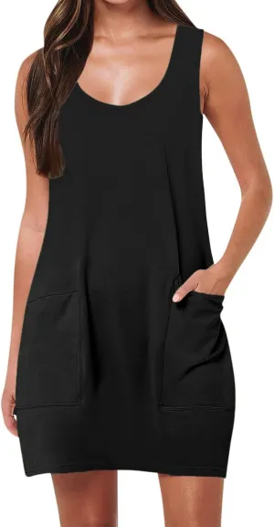 Womens Summer Dresses 2025 Casual Crew Neck Sleeveless Mini Dress Vacation Beach Sundresses Loose Fit Tank T Shirt