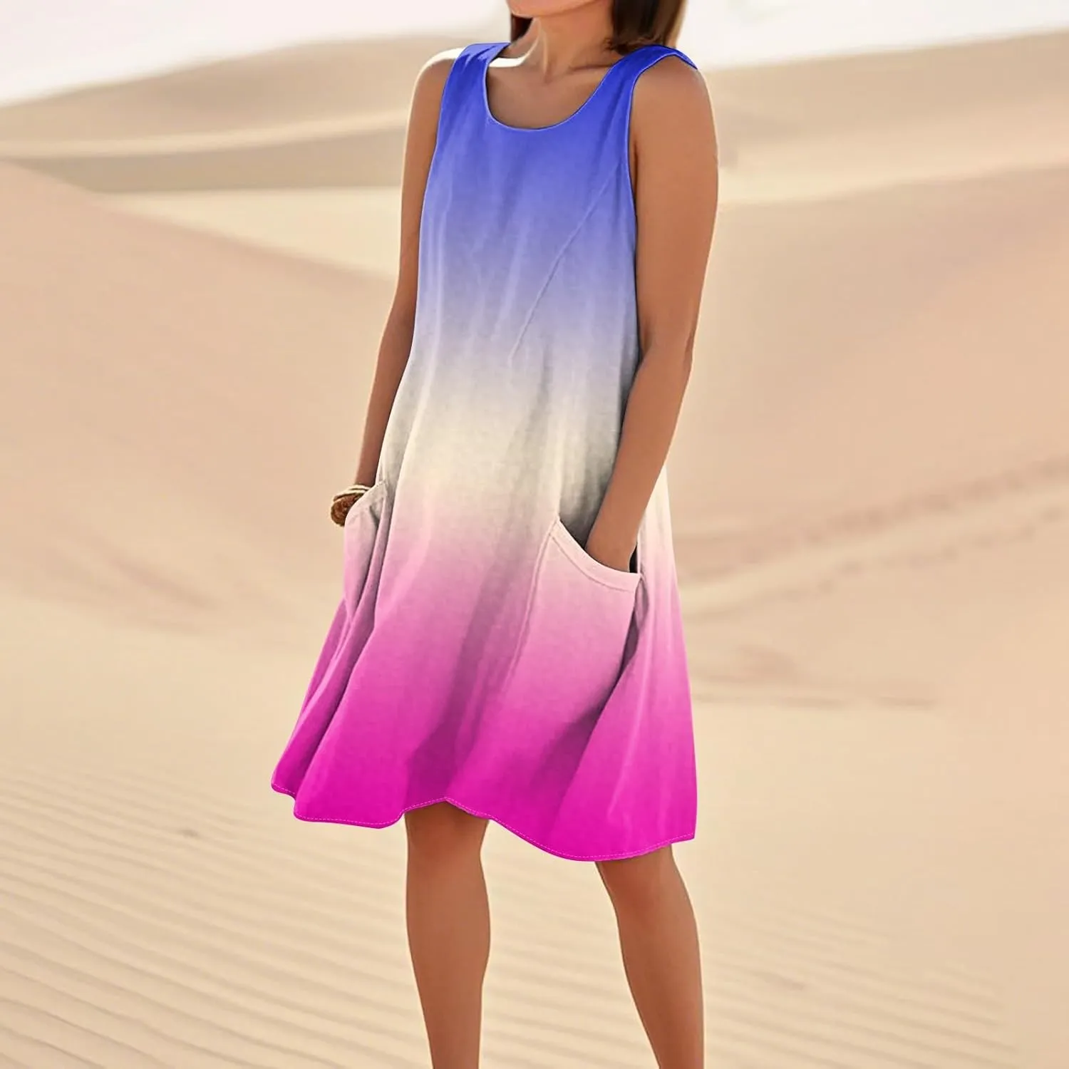 Women's Summer Dresses 2025 Vacation Cotton Round Neck Sleeveless Basic Solid Tank Midi Sundresses, S-3XL