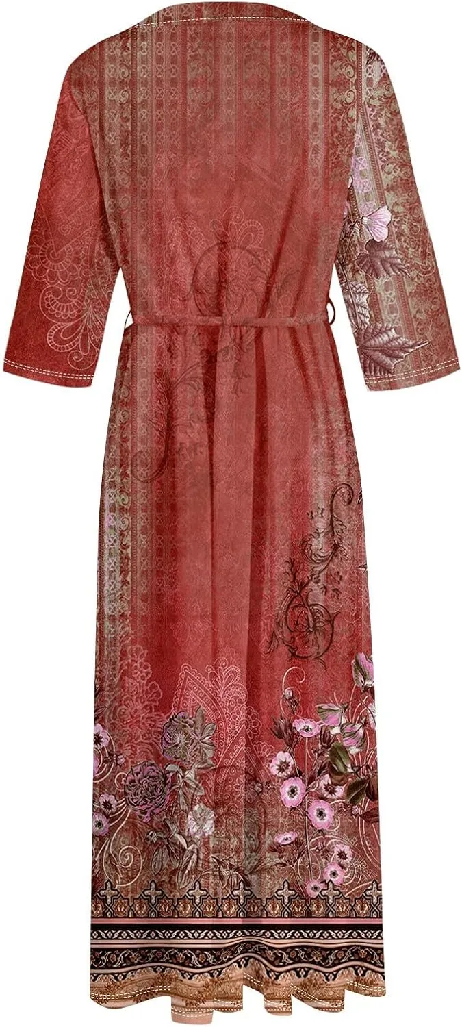 Women'S Summer Dresses 3/4 Sleeve Lapel Neck Button Cute A Line Lace-Up Dress Boho Floral Vacation Beach Long Dress