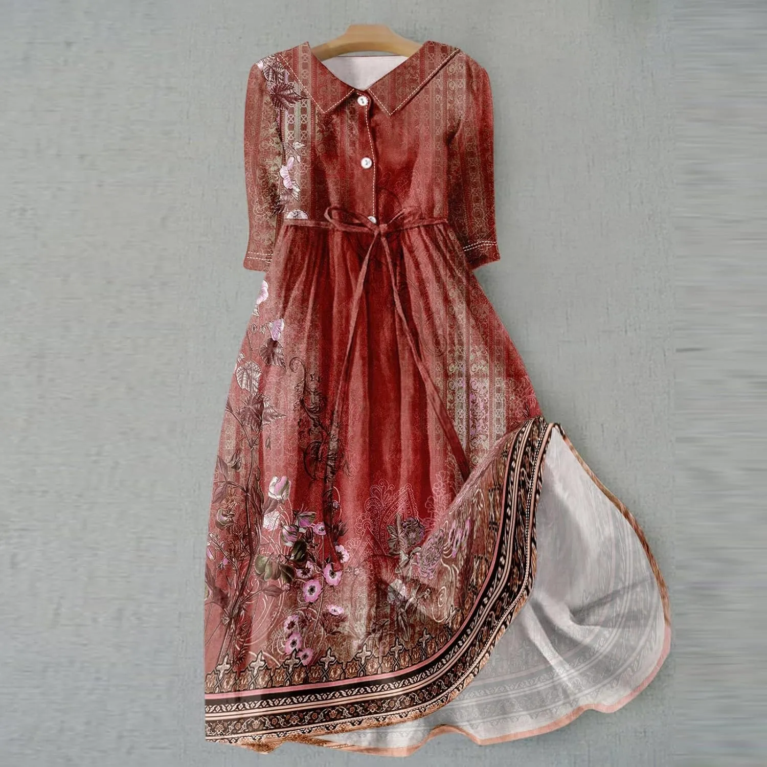 Women'S Summer Dresses 3/4 Sleeve Lapel Neck Button Cute A Line Lace-Up Dress Boho Floral Vacation Beach Long Dress