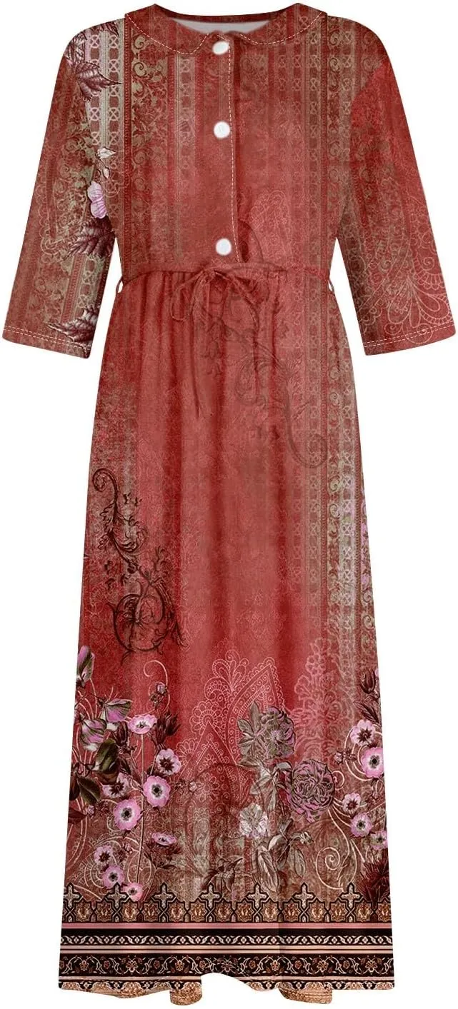 Women'S Summer Dresses 3/4 Sleeve Lapel Neck Button Cute A Line Lace-Up Dress Boho Floral Vacation Beach Long Dress