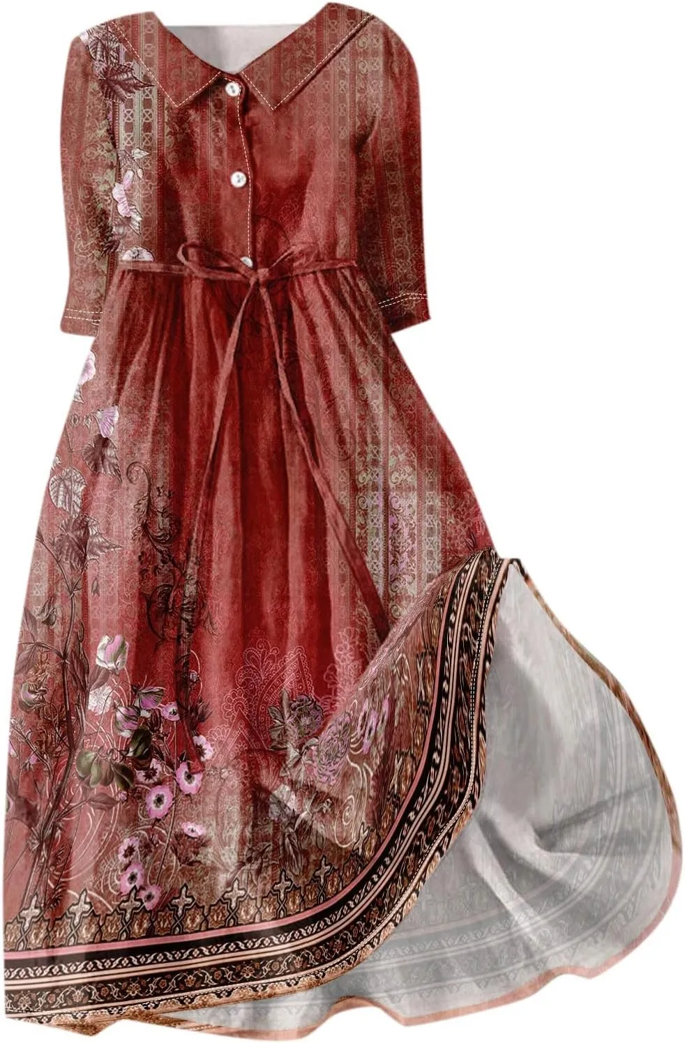 Women'S Summer Dresses 3/4 Sleeve Lapel Neck Button Cute A Line Lace-Up Dress Boho Floral Vacation Beach Long Dress