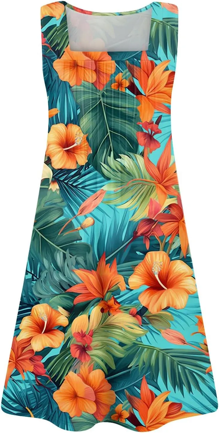 Womens Summer Dresses Casual Beach Vacation Sleeveless Tank Sundresses Boho Hawaiian Dress with Pockets