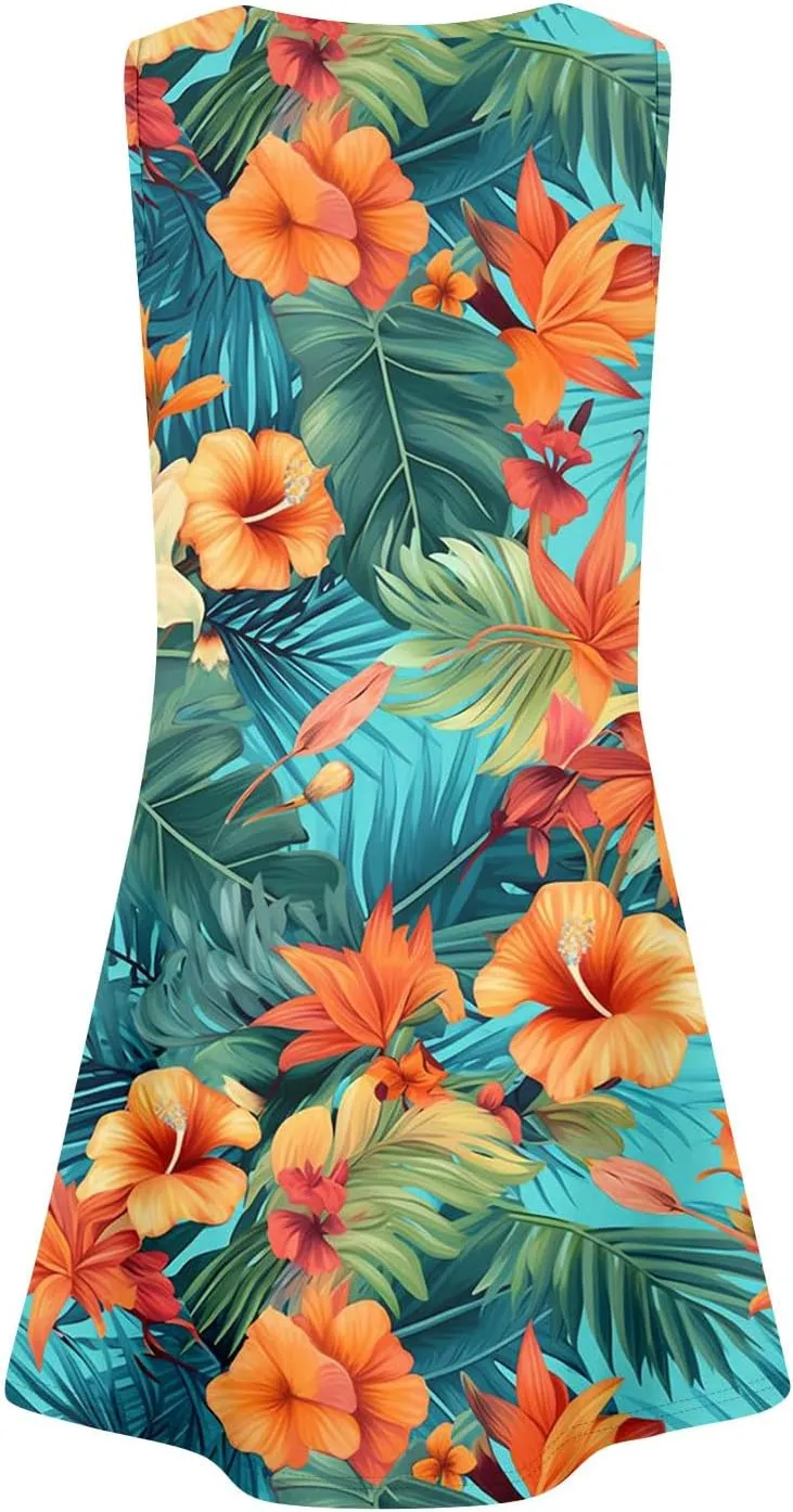Womens Summer Dresses Casual Beach Vacation Sleeveless Tank Sundresses Boho Hawaiian Dress with Pockets