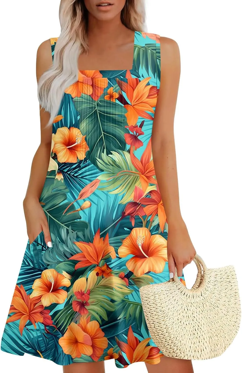 Womens Summer Dresses Casual Beach Vacation Sleeveless Tank Sundresses Boho Hawaiian Dress with Pockets