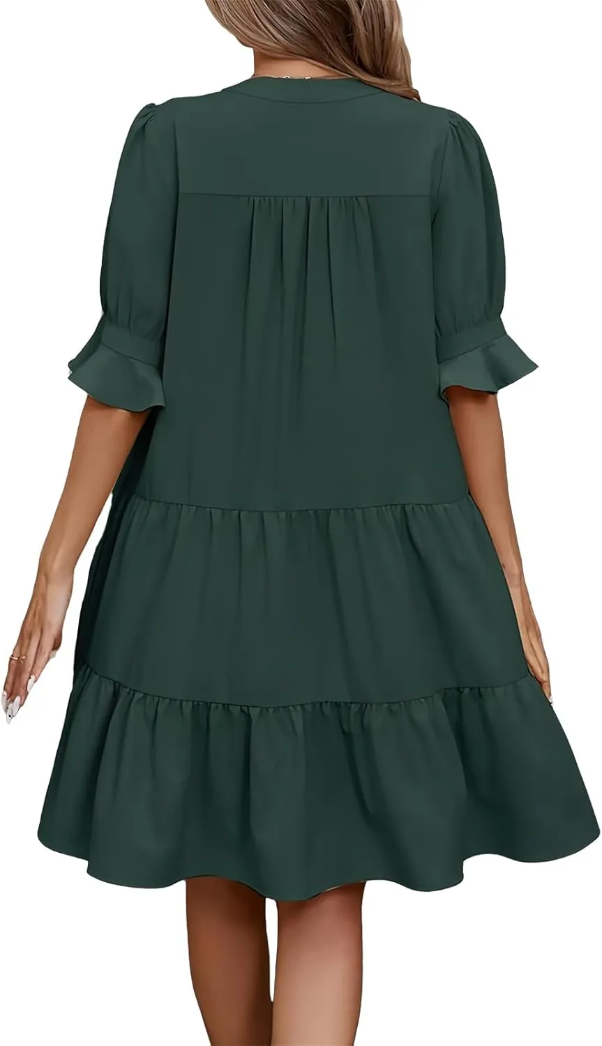 Womens Summer Dresses Casual Ruffle Short Sleeve V Neck Mini Dress Trendy Tiered Formal Dresses Loose Flowy Swing Dress