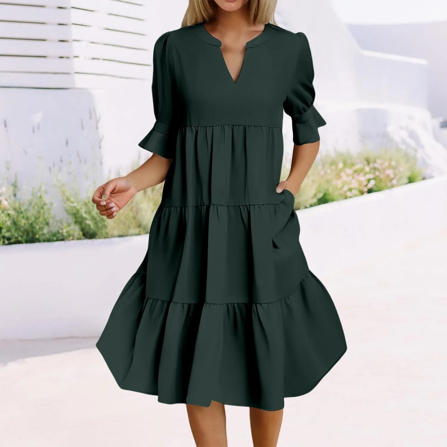 Womens Summer Dresses Casual Ruffle Short Sleeve V Neck Mini Dress Trendy Tiered Formal Dresses Loose Flowy Swing Dress