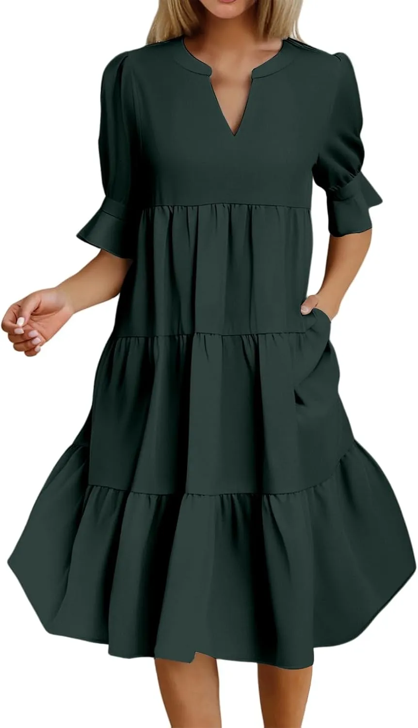 Womens Summer Dresses Casual Ruffle Short Sleeve V Neck Mini Dress Trendy Tiered Formal Dresses Loose Flowy Swing Dress