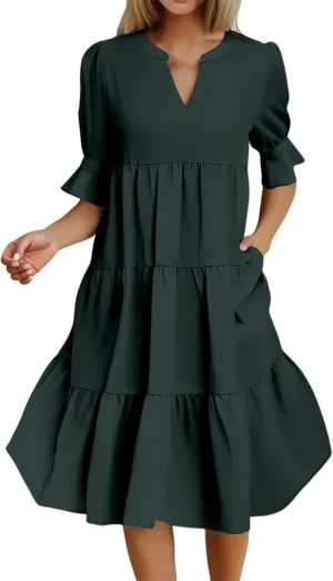 Womens Summer Dresses Casual Ruffle Short Sleeve V Neck Mini Dress Trendy Tiered Formal Dresses Loose Flowy Swing Dress