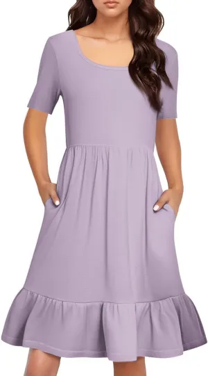 Womens Summer Dresses Short Sleeve O Neck Pleated Swing Mini Dress Solid Color Ruffle Hem Beach Vacation Sundress