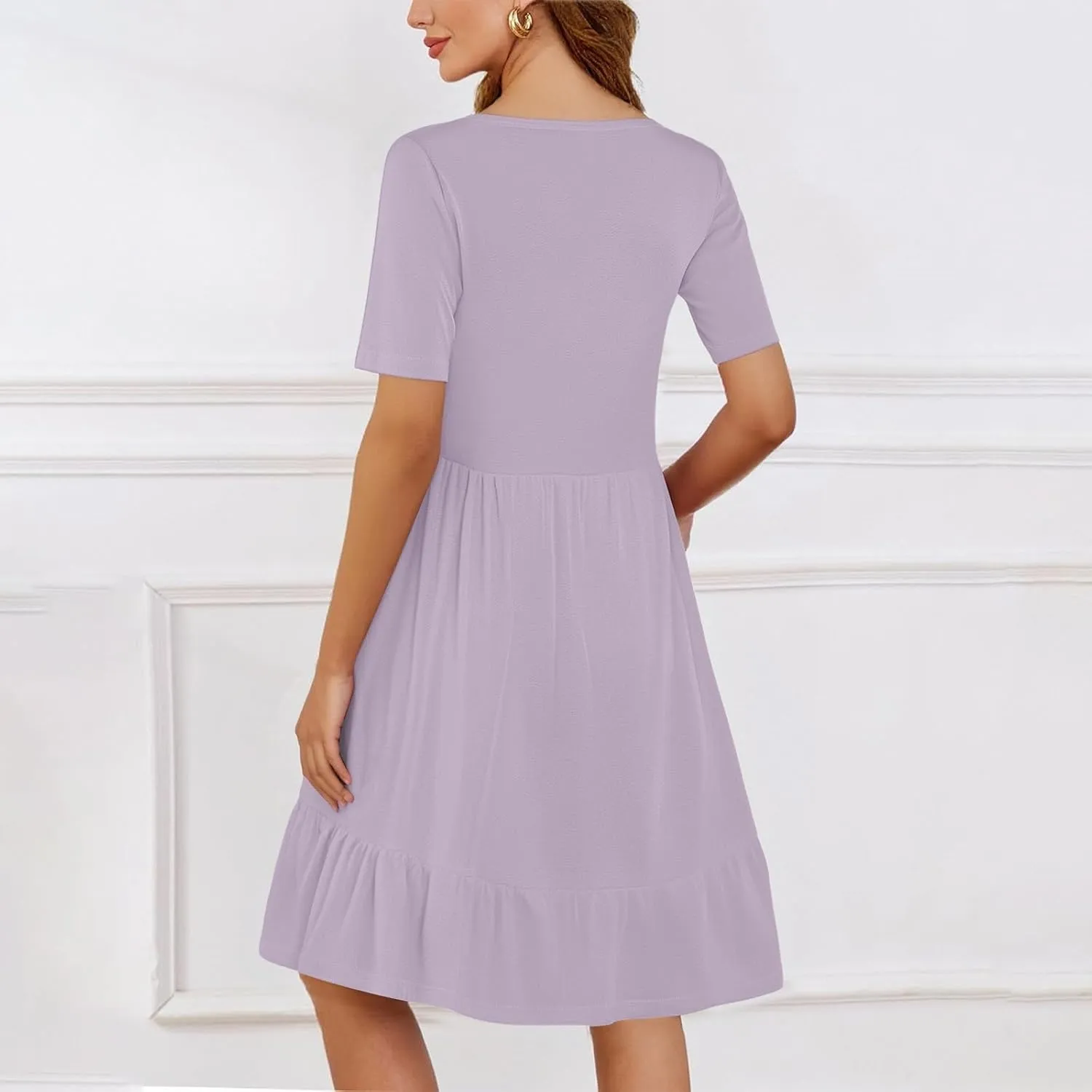Womens Summer Dresses Short Sleeve O Neck Pleated Swing Mini Dress Solid Color Ruffle Hem Beach Vacation Sundress