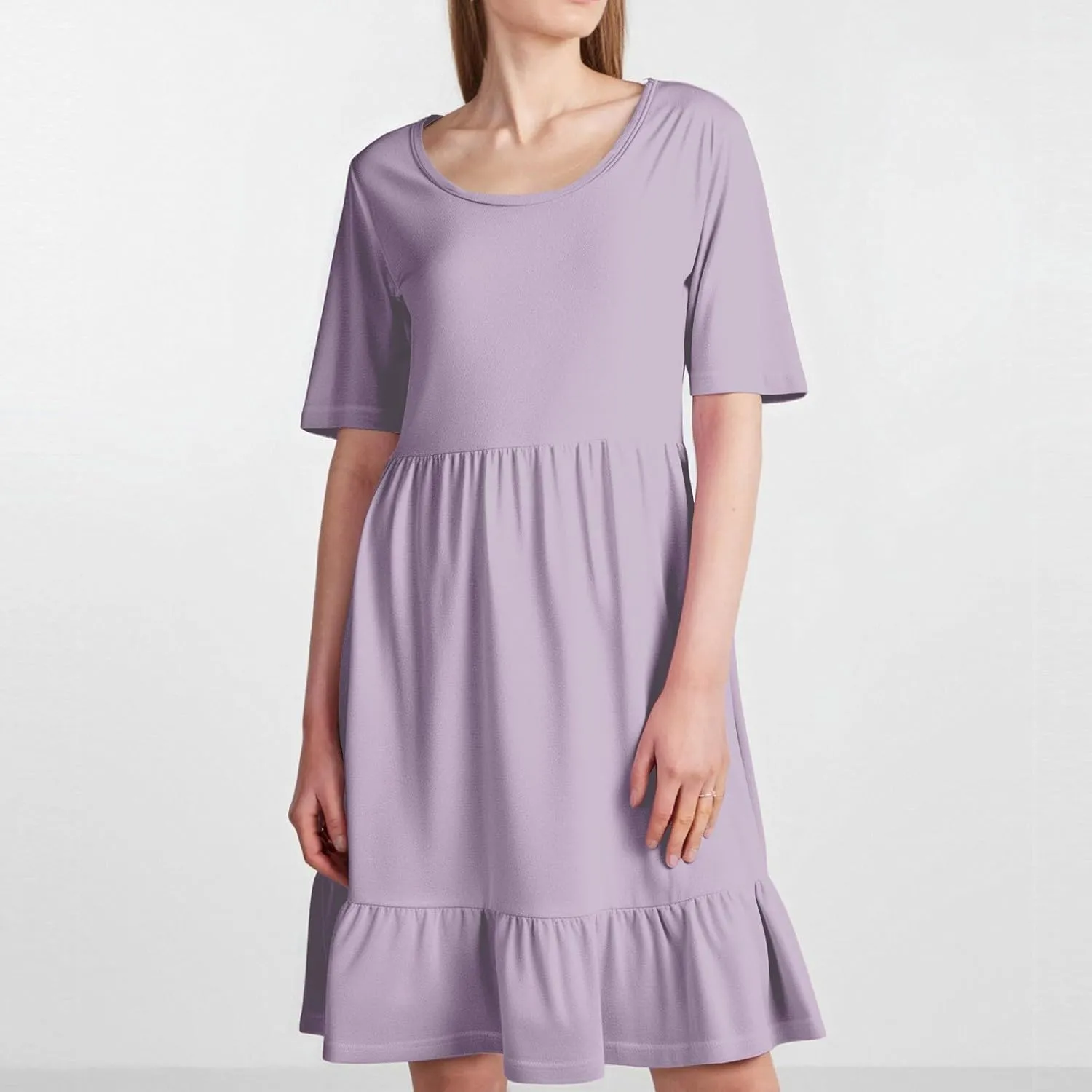 Womens Summer Dresses Short Sleeve O Neck Pleated Swing Mini Dress Solid Color Ruffle Hem Beach Vacation Sundress